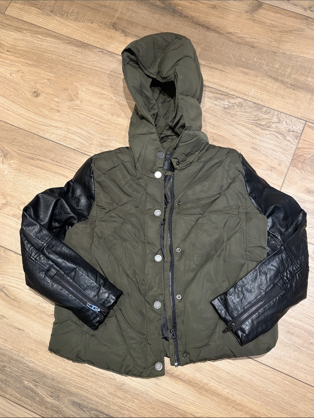 Blank NYC Olive Green Hooded Puffer Jacket with Black Faux-Leather Sleeves